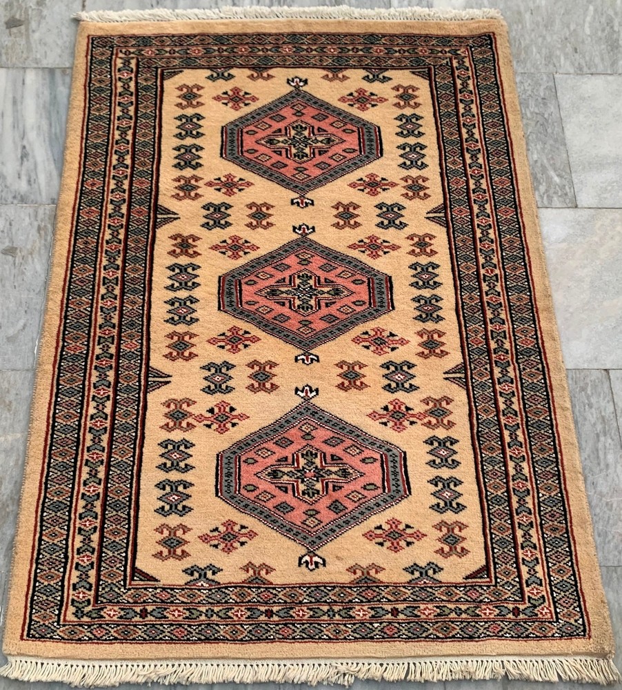 Vintage Afghan Hand-Knotted: Bokhara Wool Area Rug, Traditional Carpet (3x4 ft.)