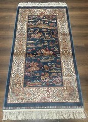 Turkish Silk Hunting Scene Rug 2.6 x 5 Dark Steel Blue & Ivory, Bamboo Silk, New