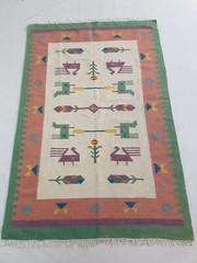 Vintage Handmade Traditional Figural Red Green Kilim Floor Rug Carpet 199x132cm
