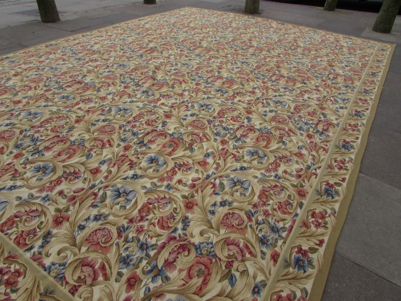 Vintage Hand Made French Design Wool Beige Red Blue Original Aubusson 440X313cm gallery