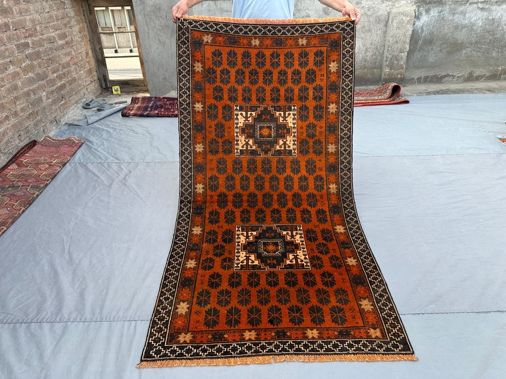 3'3 x 6'3 Vintage Afghan Hand Knotted Rug Geometric Tribal Wool Bedroom Carpet