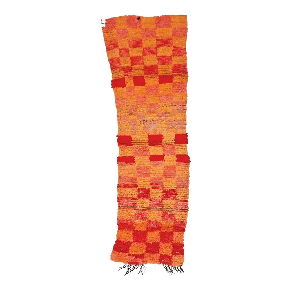 Moroccan Handmade Vintage Rug 2'6x7'9 Berber Checkered Orange & Red Wool Carpet