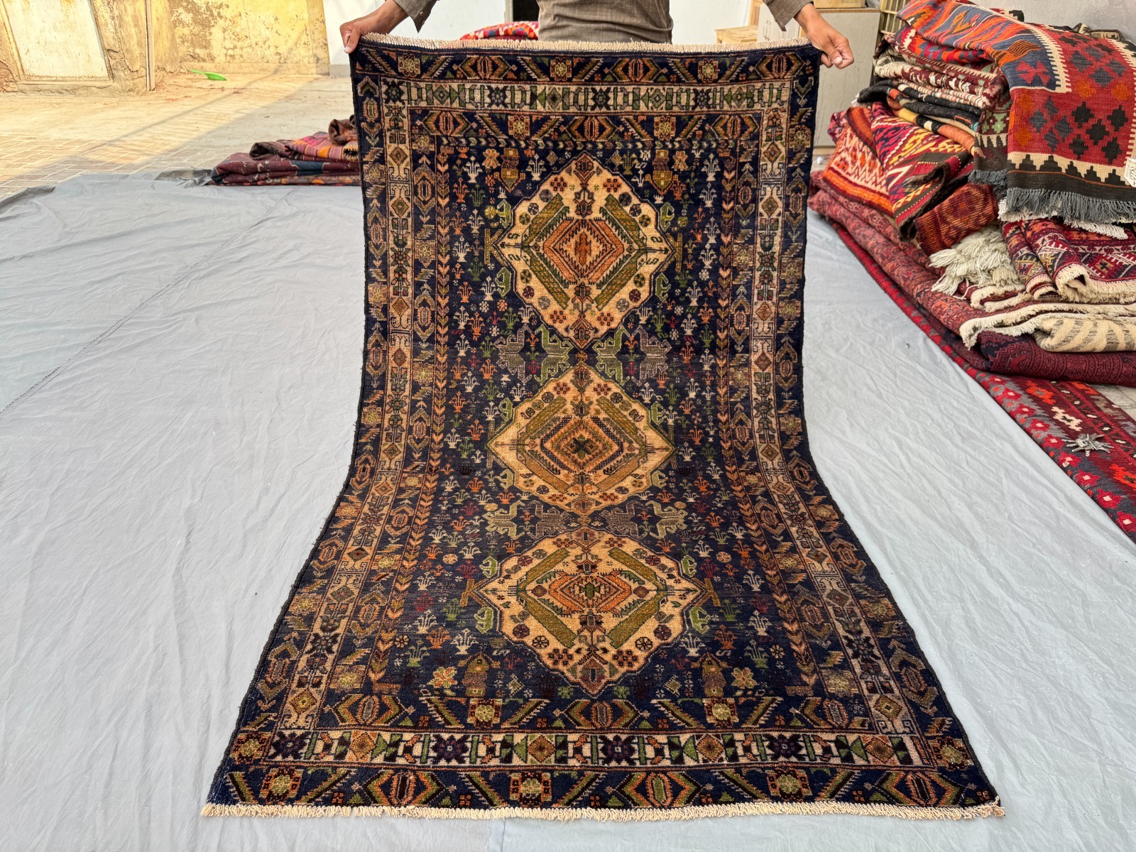 3'7x6'2 ft Vintage Afghan Baluchi Rug Navy and Gold Hand-Knotted Wool Area Rug gallery