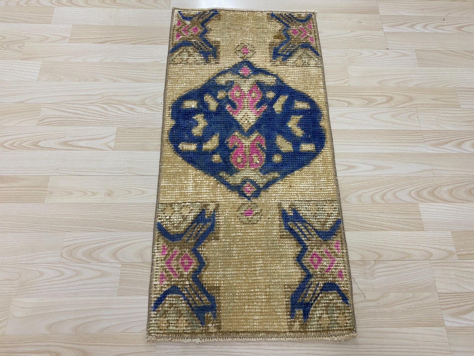 Antique Turkish Rug 1.3x2.8 ft Vintage Beige Blue Pink Small Mat Wool Boho Rug gallery