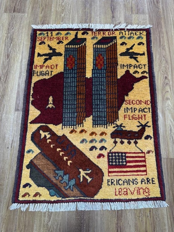 Opium, AK47, 9/11, drone, Palestine USA, Afghan war rugs, hand made carpets, s19 gallery
