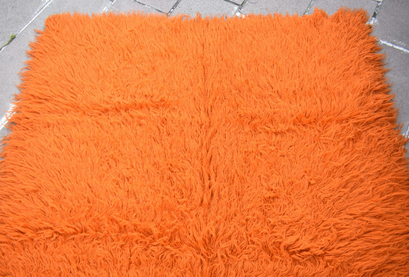 Vintage Turkish Shaggy Rug 62'' x 87'' Anatolian Long Pile Tulu Orange Wool Rug gallery