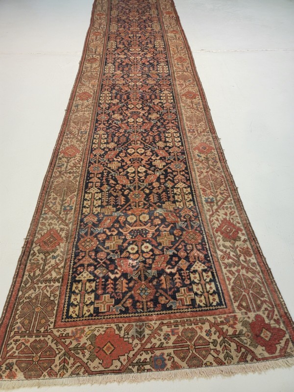 Antique Oriental Hand-Knotted Wool Runner Malayer Rust/Navy Blue 3'6" x 15'6" gallery