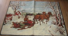 VINTAGE PRIMATIVE RUG 40″x54″ DRAFT HORSE BOBSLED SLEIGH Made in Belgium