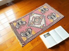 Vintage Turkish Mini Rug, Bohemian Oushak Kilim 1,6 x 3,1 ft