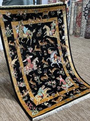 Handmade 100% Mulberry Silk Hunting Scene Rug 2.5×4 Ft Fine Hand Knotted 26×26