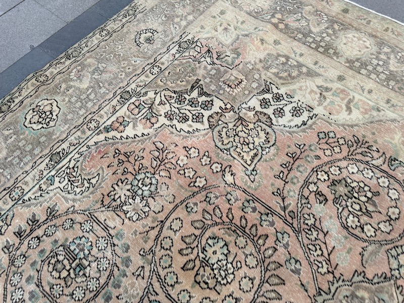 Vintage Turkish Rug 9.8x12.8 ft Beige Blush Pink Wool Handmade Distressed Rug gallery
