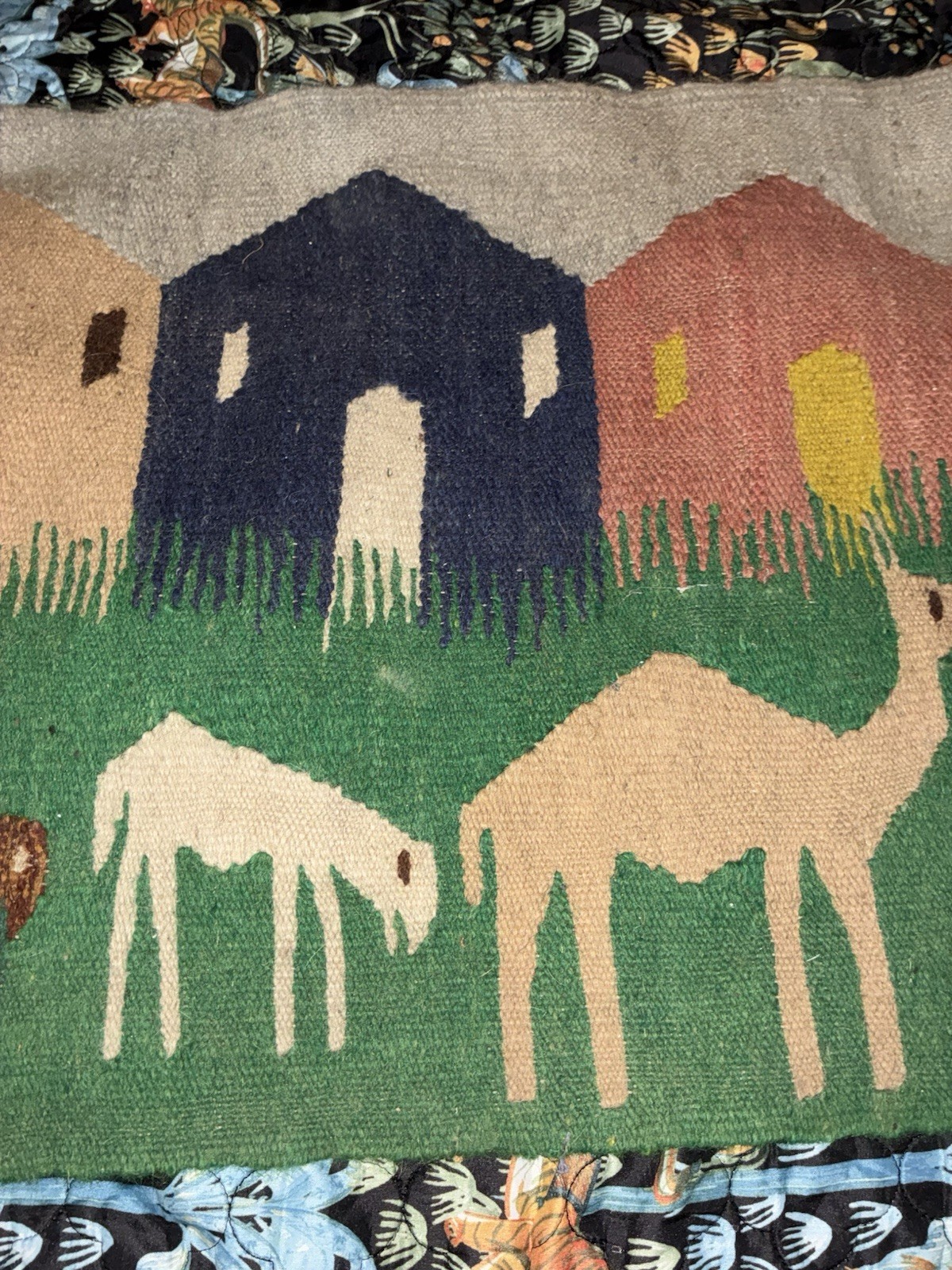 Vintage Wool Pictorial Animal+houses Rug, 35”x 20” gallery