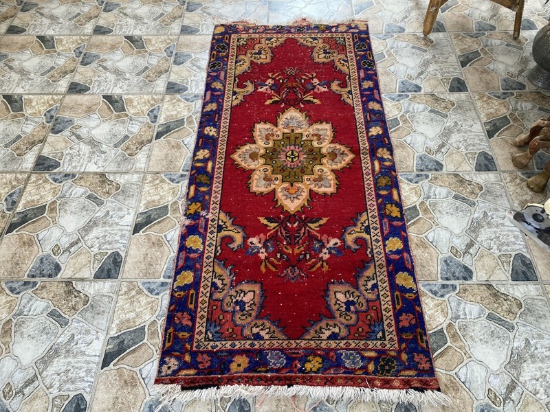 1970s Vintage Turkish Runner Rug 3x6 ft Red Hand-Knotted Wool Hallway Boho gallery