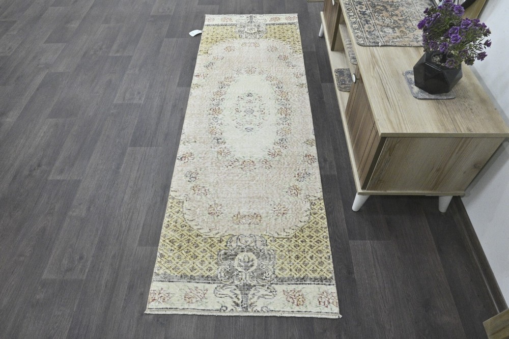 Vintage Turkish Runner Rug 2x7ft BEIGE Handmade Anatolian Oushak Hallway Wool