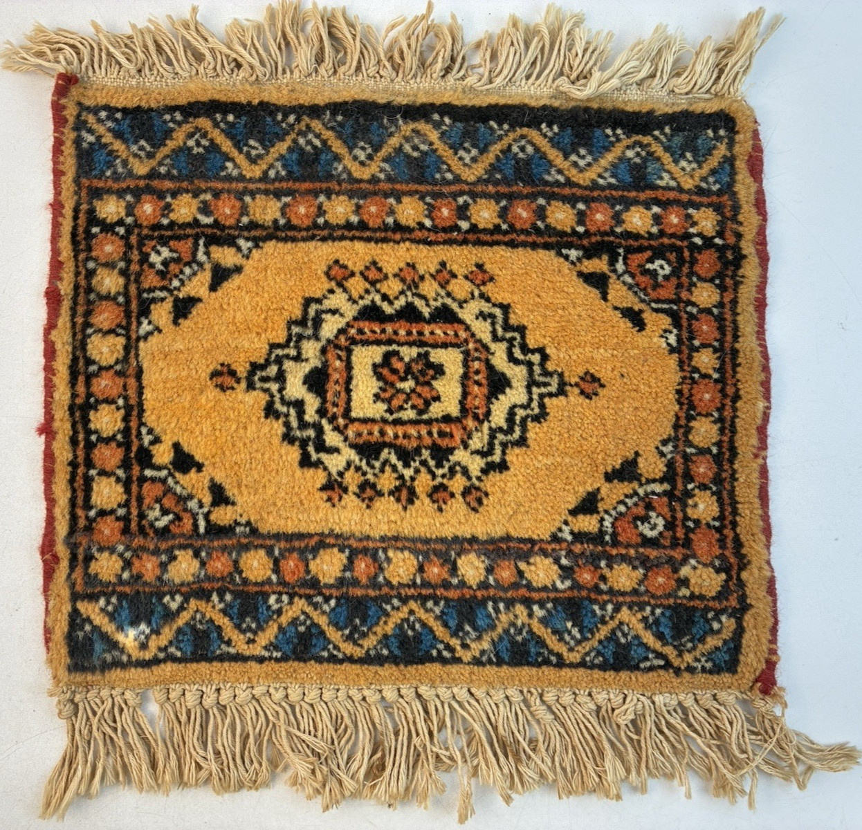 Vintage Hand-Knotted Wool Turkish Mini Rug w/ Geometric Patterns 11.5" x 13" gallery