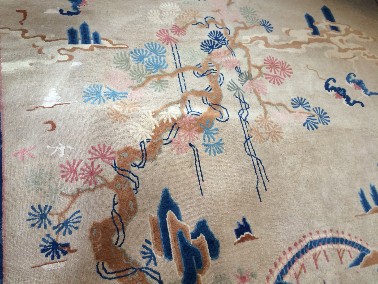 Unique blue and tan Art Deco antique Peking oriental rug from China gallery