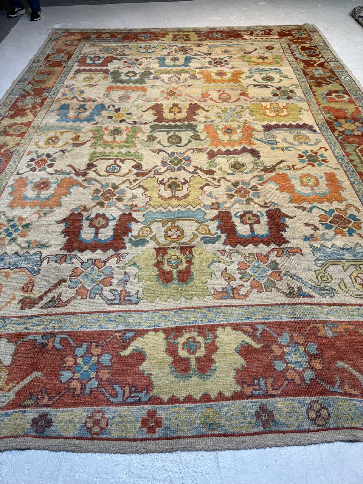 Oriental Hand-Knotted Wool Area Rug Turkish Oushak Ivory/Red/Blue 10'7" x 14'10" gallery
