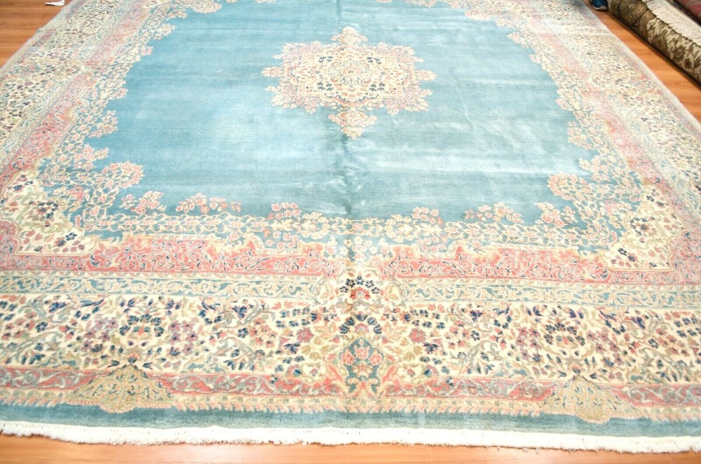 Wool Oriental Floral Handmade Pastel Blue/Green Rug, circa 1940 11'8" X 12'7"
