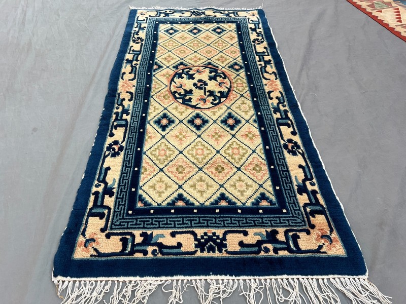 Vintage Chinese Rug 1'11x3'10 ft Hand-Knotted Wool Blue Cream Soft Pile Carpet gallery