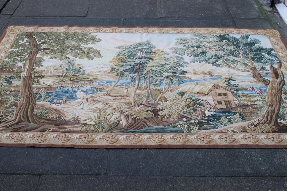 Vintage Hand Made French Design Original Wool Green Aubusson Tapestry 208X143cm