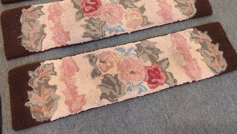 10 Antique Primitive Country Handmade Hook Wool Hooked Stair Treads Floral Rug gallery