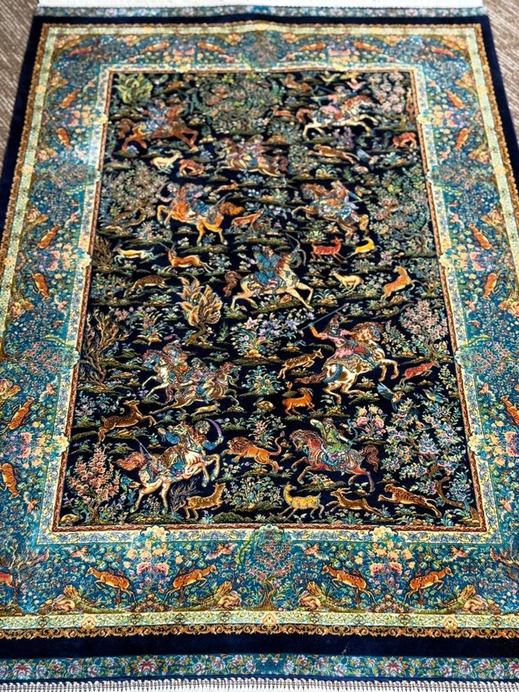 Silk Rug 3 x 5 Feet Hunting Design Shikargah Art Pattern Soft Lustrous Carpet