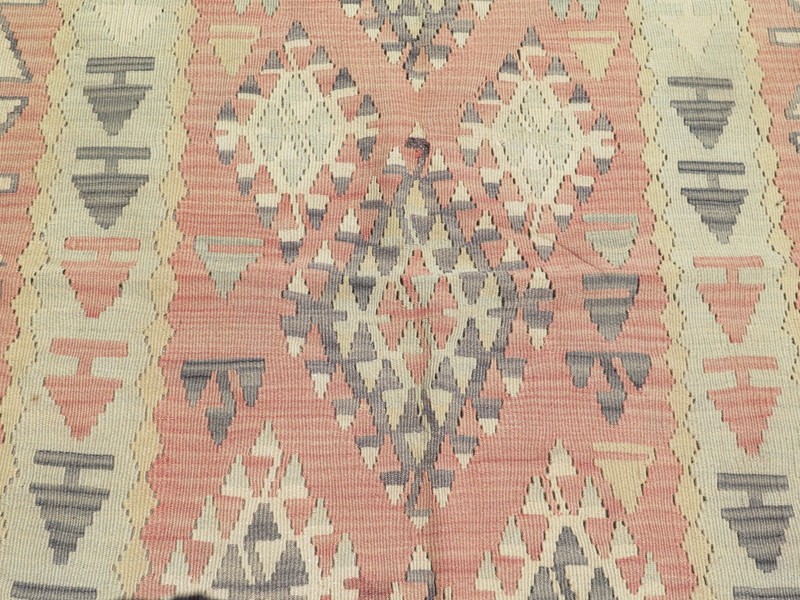 Peach & Cream Tribal Vintage Turkish Rug, Handwoven Wool Kelim Tapis 40"x46" gallery