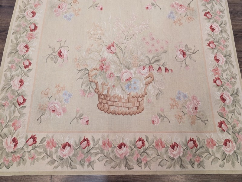 Square Aubusson Rug 4.8 x 5, French Vintage Floral European Wool Carpet gallery