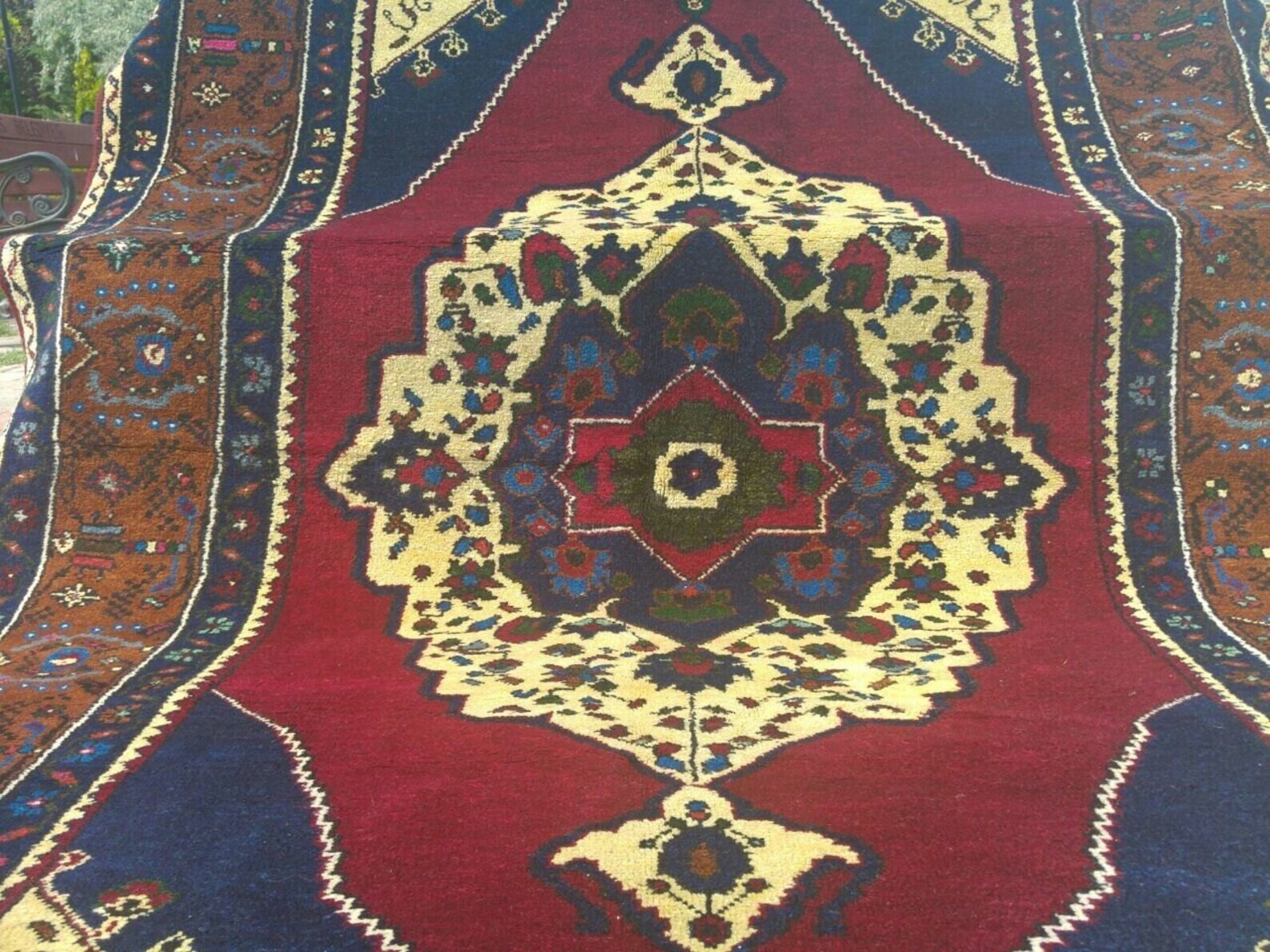 Antique c1900-1939s Indigo Blue Vegy Dyes Wool Dowry Area Pile Rug 4’6”x 7’6” gallery