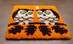 Mid Century Modern Handmade Rug Owl Wall Hanging 18 x 18″