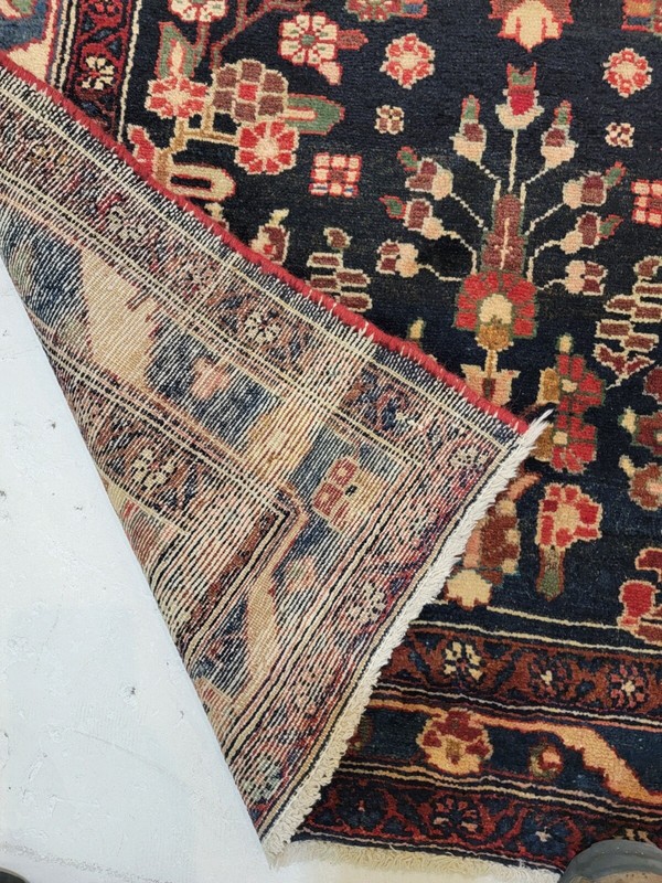 Antique Oriental Hand-Knotted Wool Runner Navy Blue/Red/Ivory/Green 3'6" x 13'3" gallery