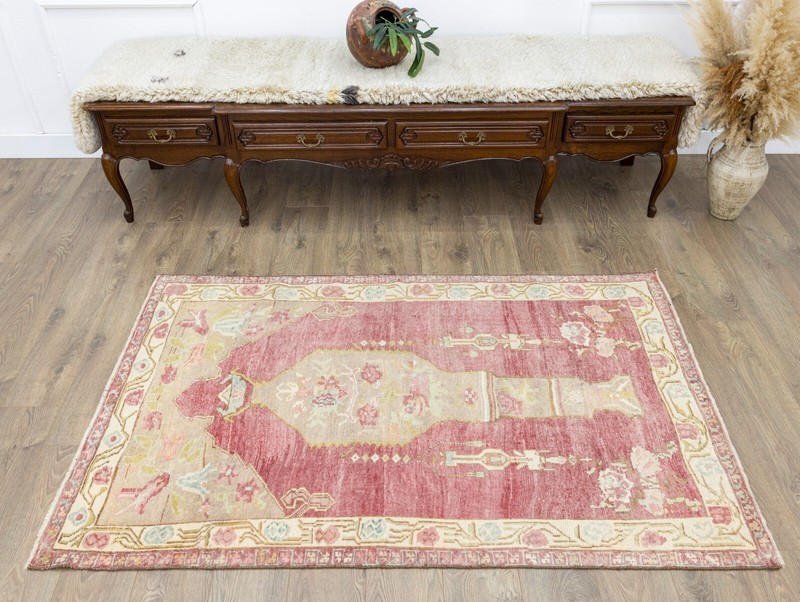 Vintage Boho Chic Turkish Tribal Wool Rug 4x6.2 ft Hand Knotted Oushak Carpet gallery