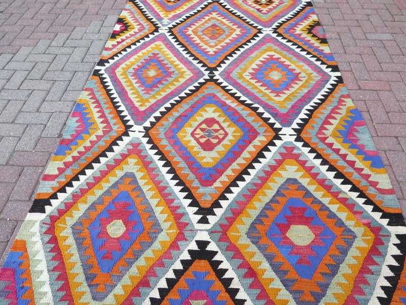 Turkish Kilim Area Rugs, Handmade Floor Carpet, Blue Wool Large Kelim 63"x133" gallery