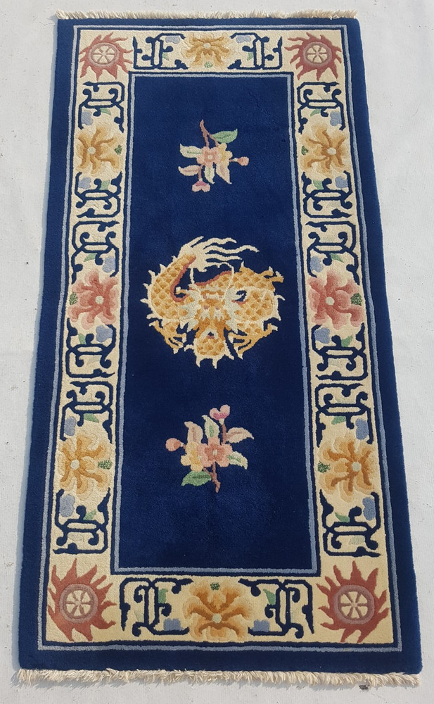 Vintage Handmade Chinese Dragon Floral Art Deco Wool Runner Rug 135x69 cm