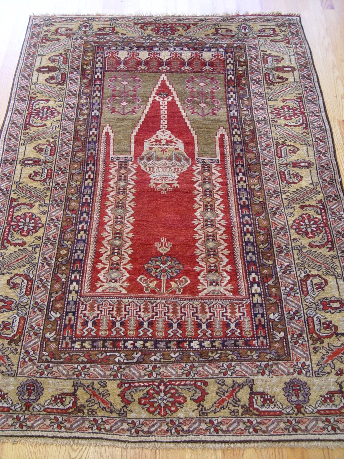 ANTIQUE TURKISH PRAYER KAISARIEH HAND-KNOTTED WOOL ORIENTAL RUG 4' x 6'4" gallery