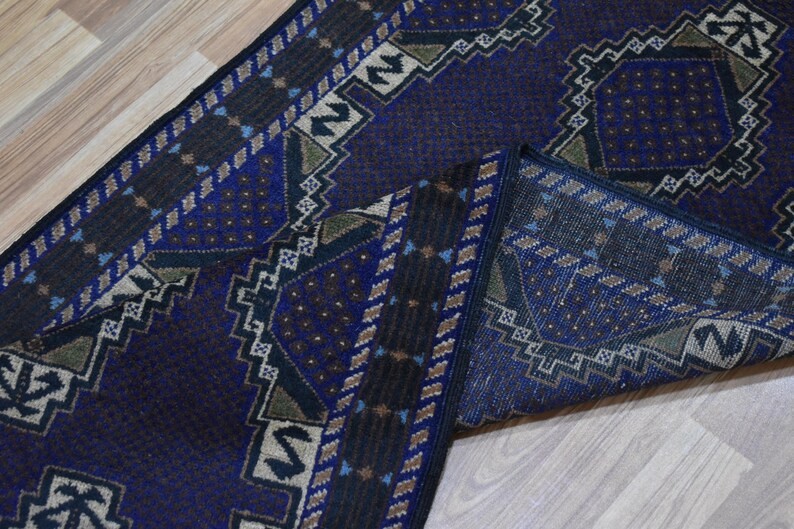3x10 Vintage Brown Blue Tribal Handmade Afghan Geometric Baluchi Runner Rug, gallery