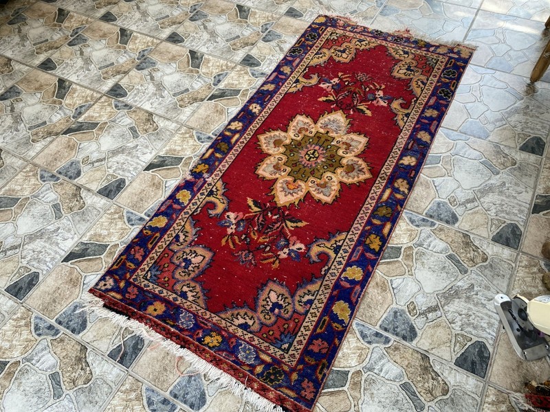 1970s Vintage Turkish Runner Rug 3x6 ft Red Hand-Knotted Wool Hallway Boho gallery