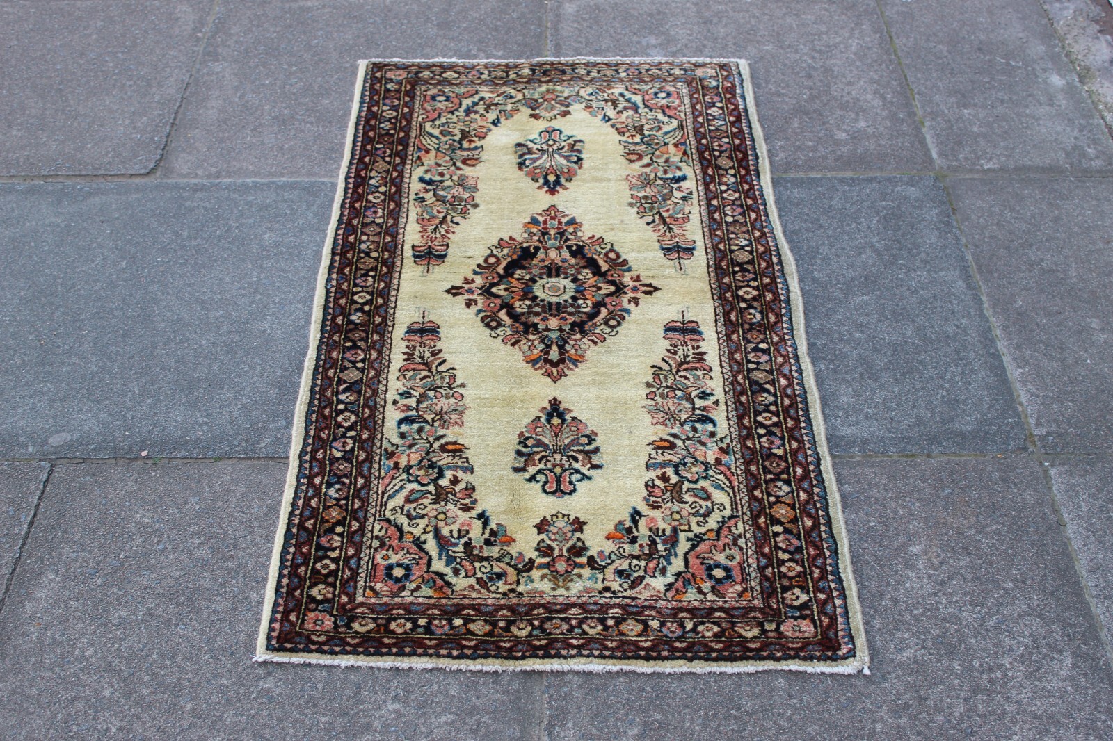 Vintage Worn Hand Made Traditional Oriental Wool White Small Rug Runner 123x65cm gallery