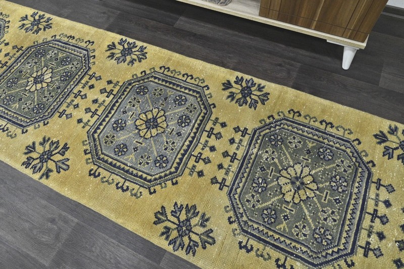 Vintage Turkish Runner Rug 3x12ft YELLOW Handmade Anatolian Oushak Hallway Wool gallery