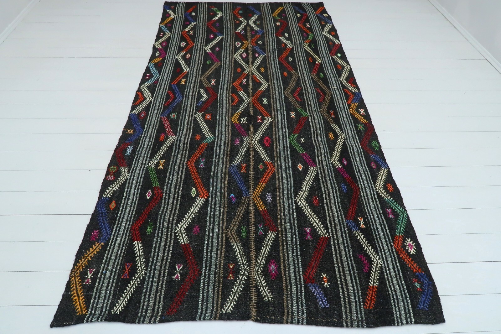 Anatolia Turkish Tribal Kilim Embroidered Black Gray Rug Wool Floor Rug 55"x108" gallery