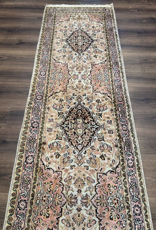 Silk Indian Kashmiri Runner Rug 2.7 x 9.8, Floral Medallions gallery