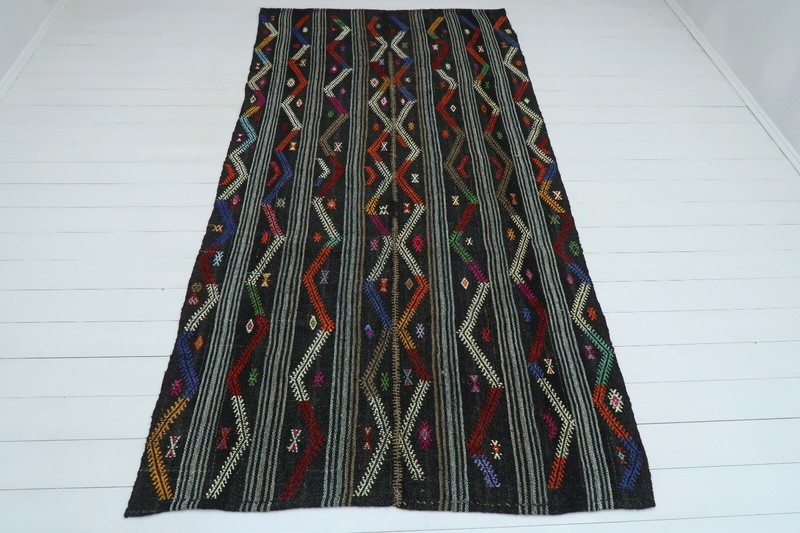 Anatolia Turkish Tribal Kilim Embroidered Black Gray Rug Wool Floor Rug 55"x108" gallery