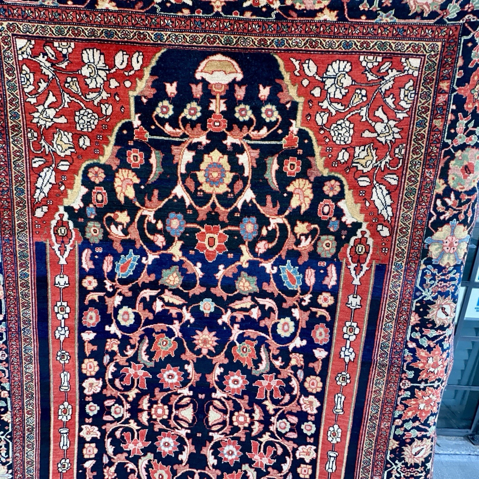 Auth; 19th C Antique Farahaan Rug. RARE Christian Crosses Blue 4x7 gallery