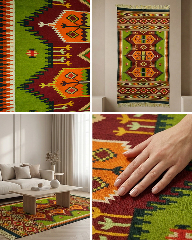 Romanian Oltenian Kilim Rug Handwoven 100% Wool Geometric Olive Green 1970s 8x6f gallery