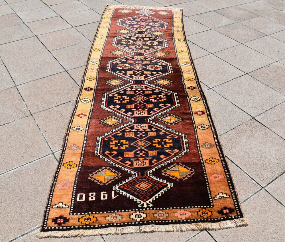 Turkish Rug 36'' x 115'' Vintage Hand-knotted Kurdish Rug Hallway Wool Rug