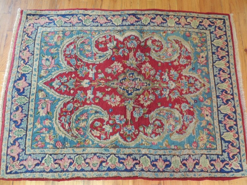 Antique 4x6 Kermaan Oriental Area Rug Red Blue fleur de lis design wool plush gallery