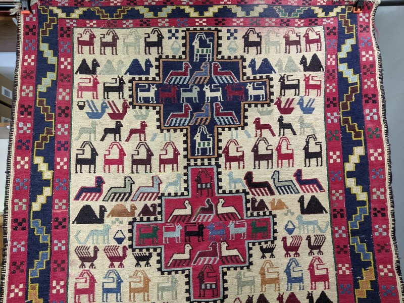 Vintage Handmade Wool Rug Turkish Braided Kilim /Soumak Design 43" x 54" Animals gallery