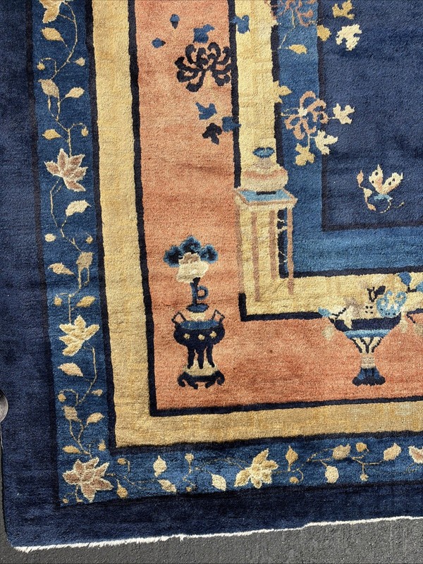 Auth: Antique Art Deco Chinese Rug Miami Mod Wool Beauty Blue Salmon 11x17 gallery