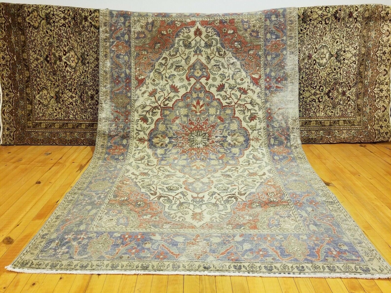 Primitive Antique Cr1900-1939's Ivory-Gold Color Wool Pile Tribal Rug 4’4”x 7’ gallery