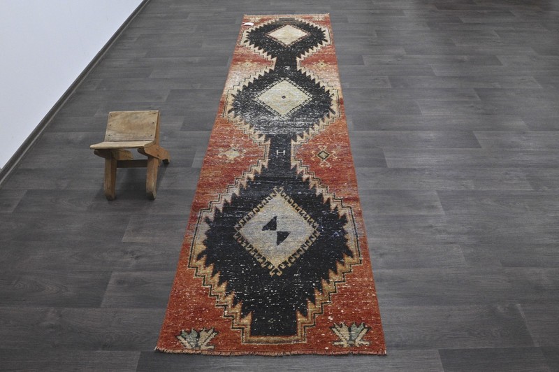 Vintage Turkish Runner Rug 2x10ft Wool Anatolian Handmade Hallway Oushak RED gallery